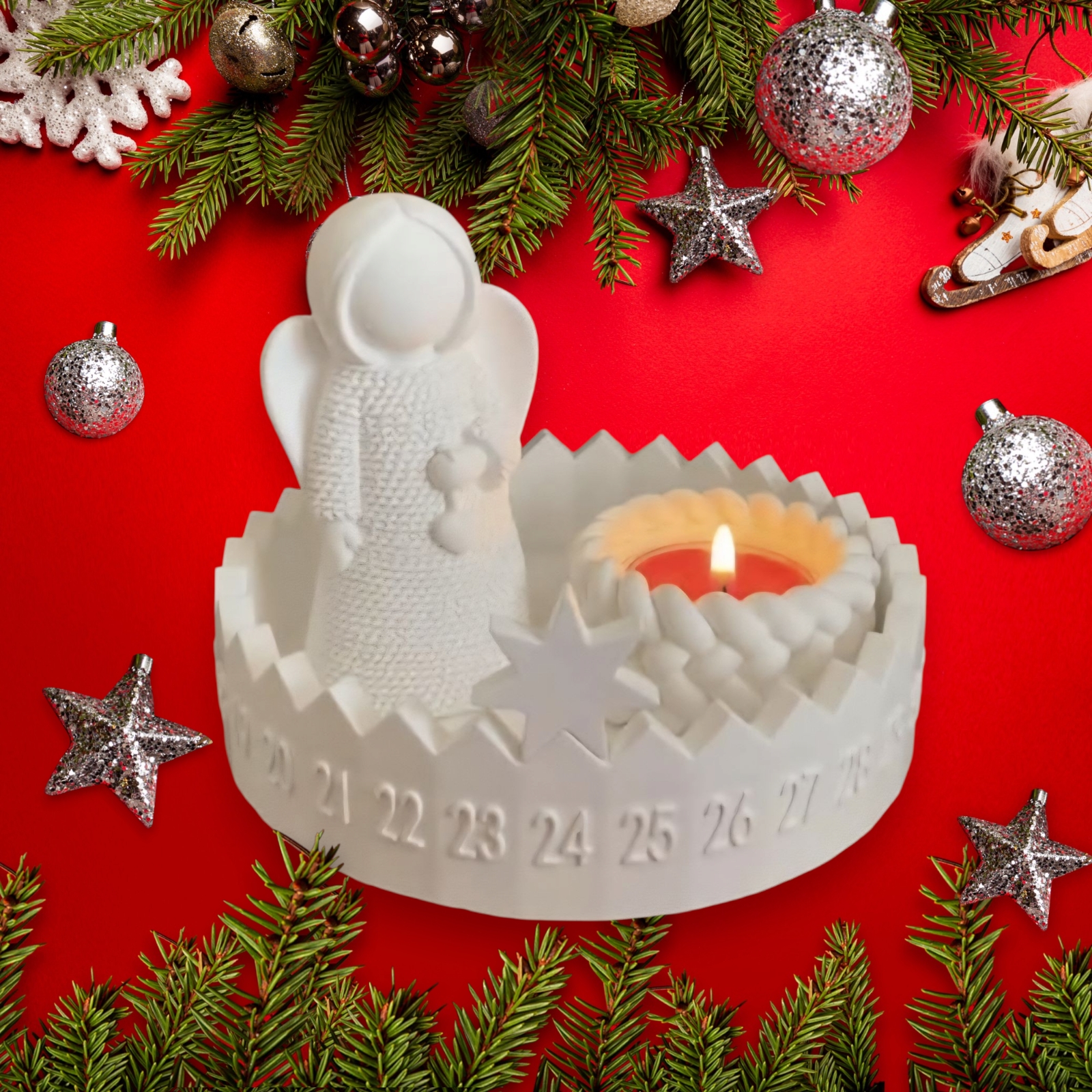 Adventní kalendář s andělkou se srdíčkem a pleteným  svícnem