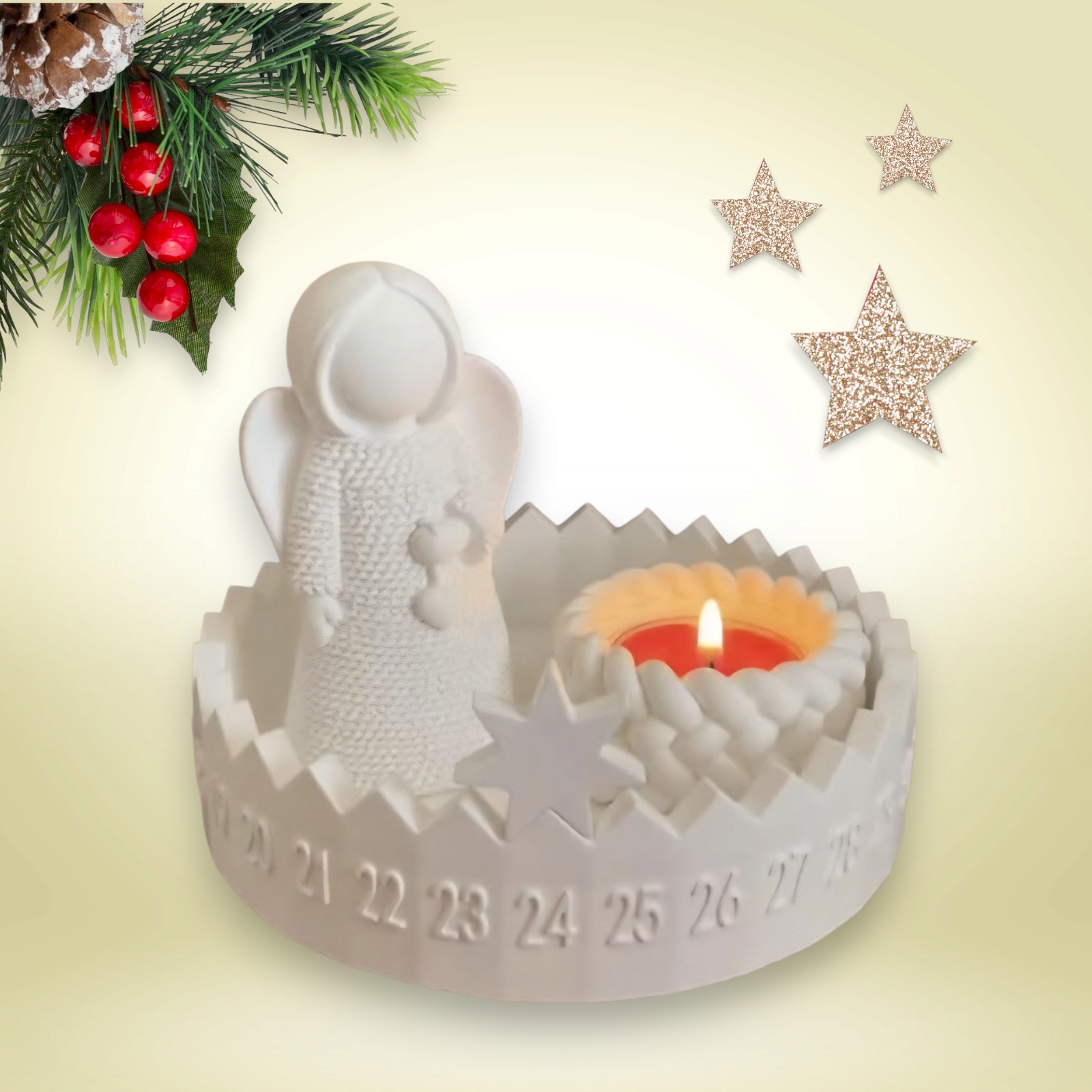 Adventní kalendář s andělkou se srdíčkem a pleteným  svícnem
